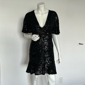 Black sequins short dress by Tensione Italy, size S, deep V-neck.